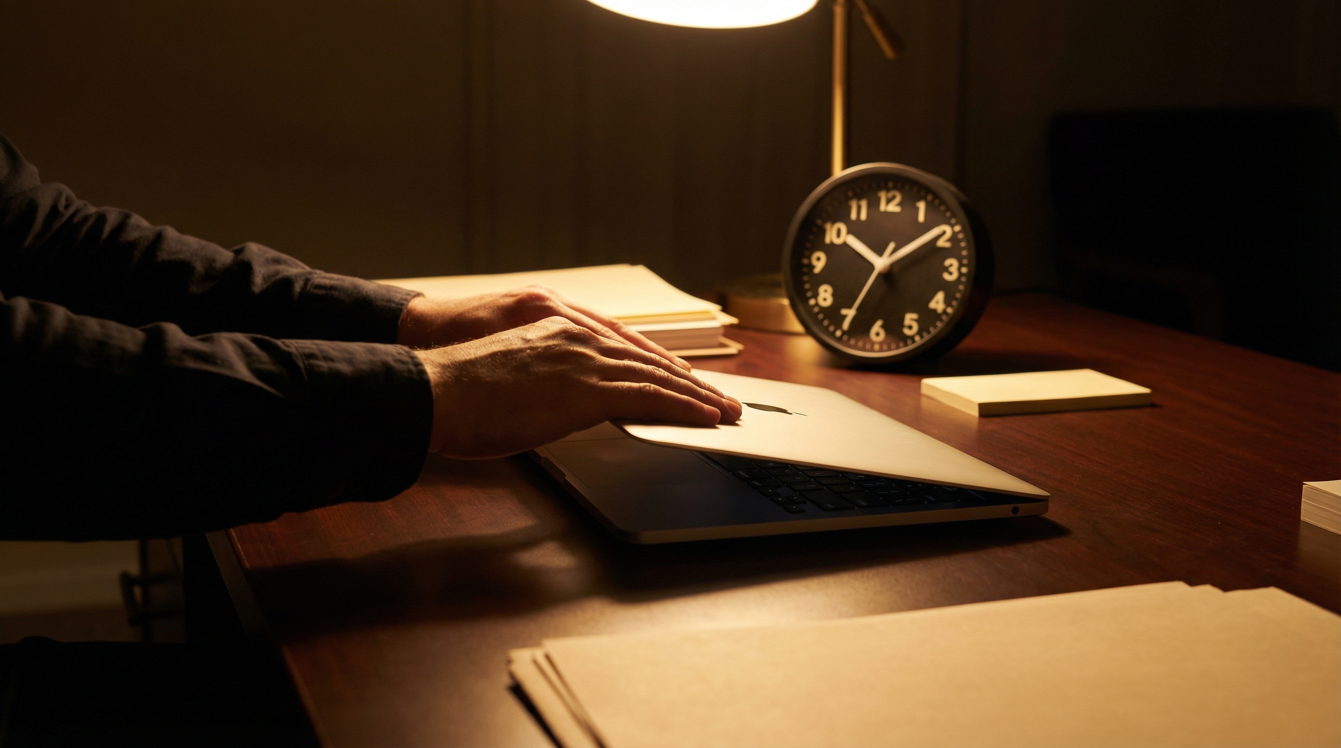 A clock showing 10:30 PM with a laptop lid being firmly closed, warm lamplight casting long shadows