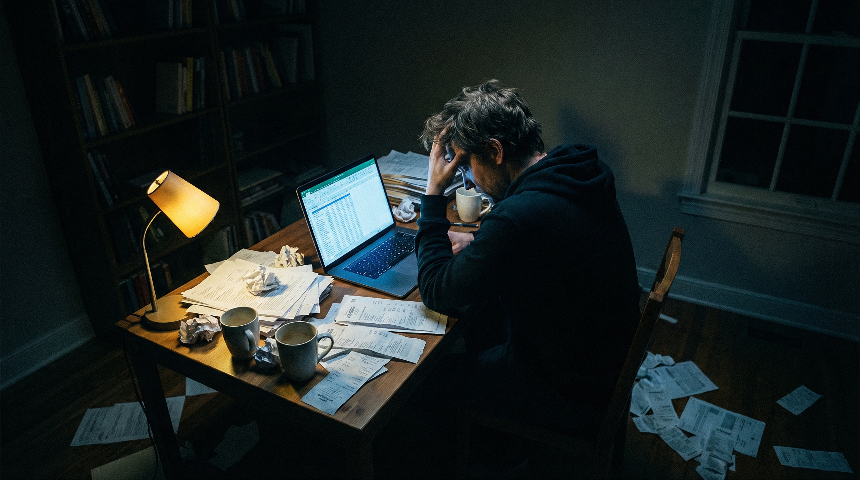 A person hunched over a desk at night, face illuminated by a laptop screen, crumpled papers and cold coffee cups everywhere