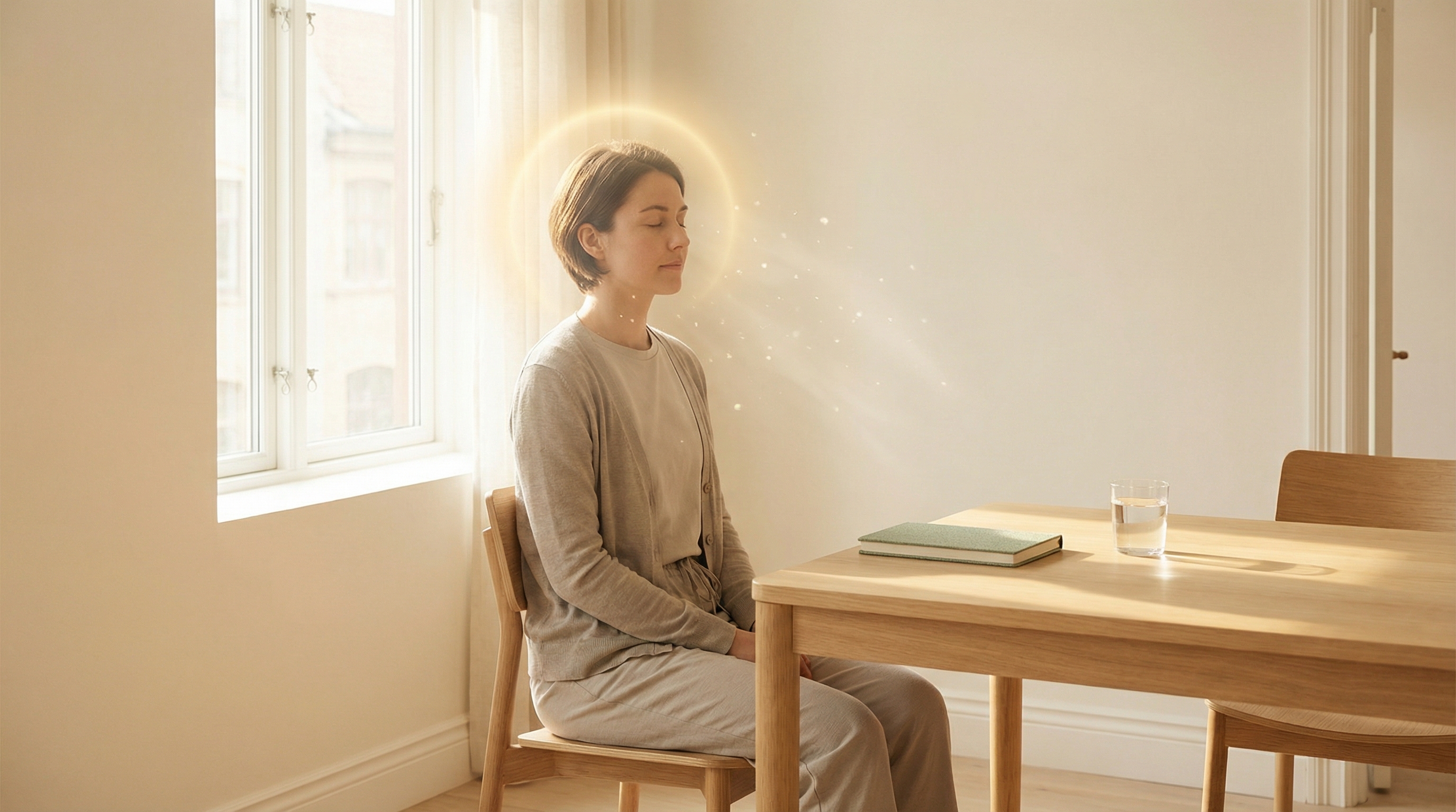 A person sitting still with closed eyes in a minimal workspace, soft golden light around their head suggesting deep neural activity