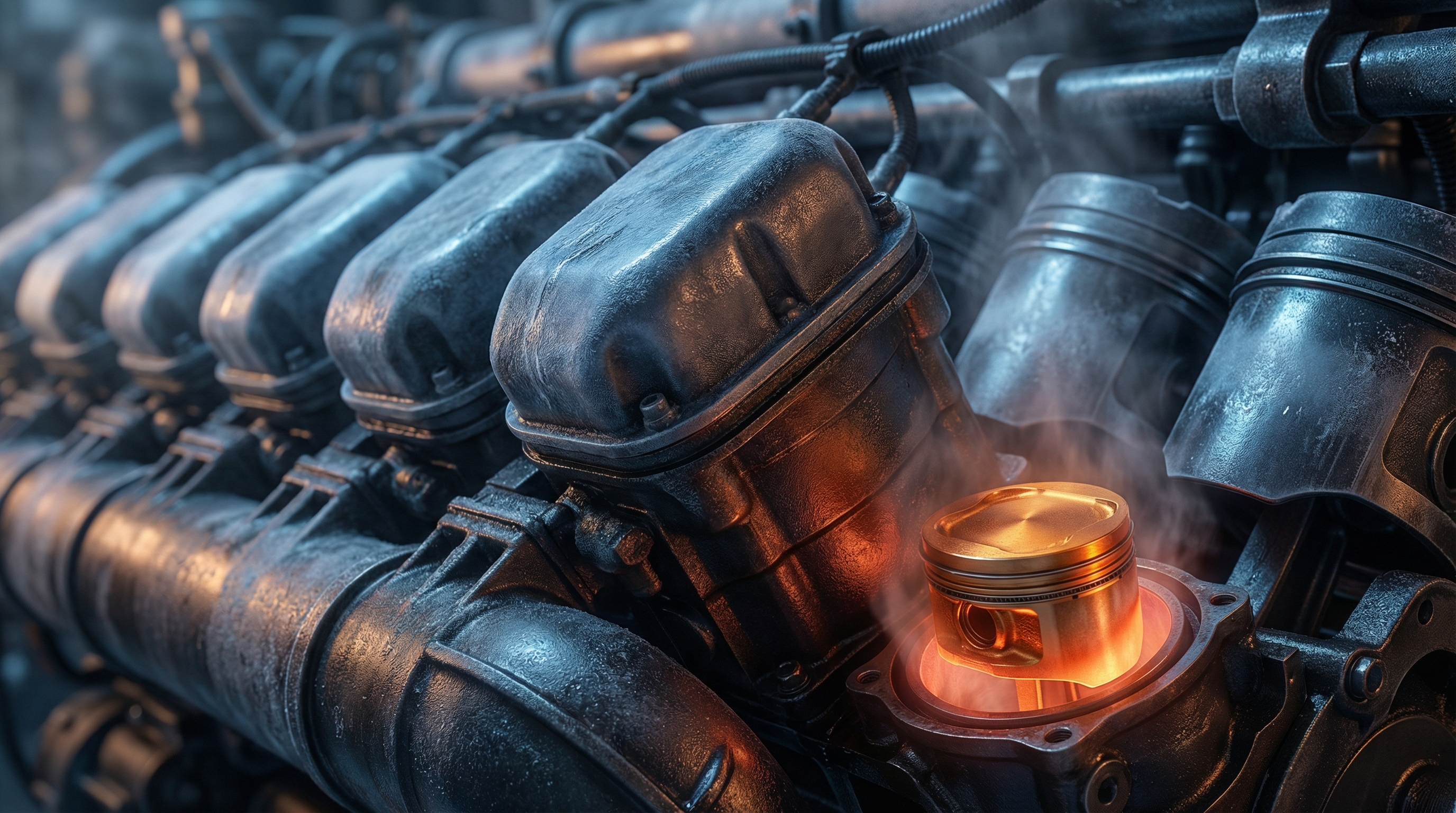A high-performance engine with most of its cylinders visibly cold and inactive, only one small piston firing