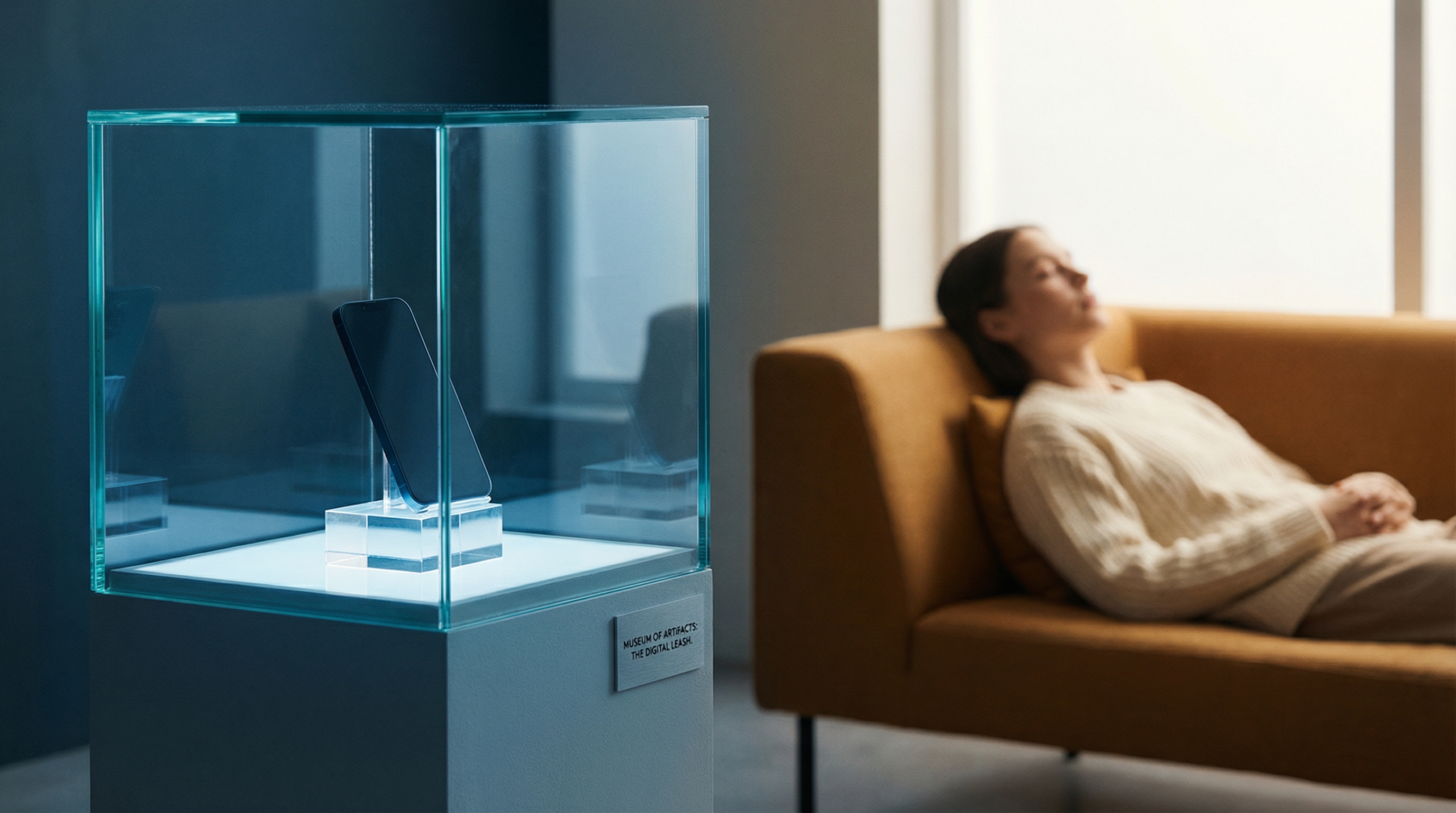 A smartphone locked inside a glass case while a person sits peacefully on a couch in the background, eyes closed