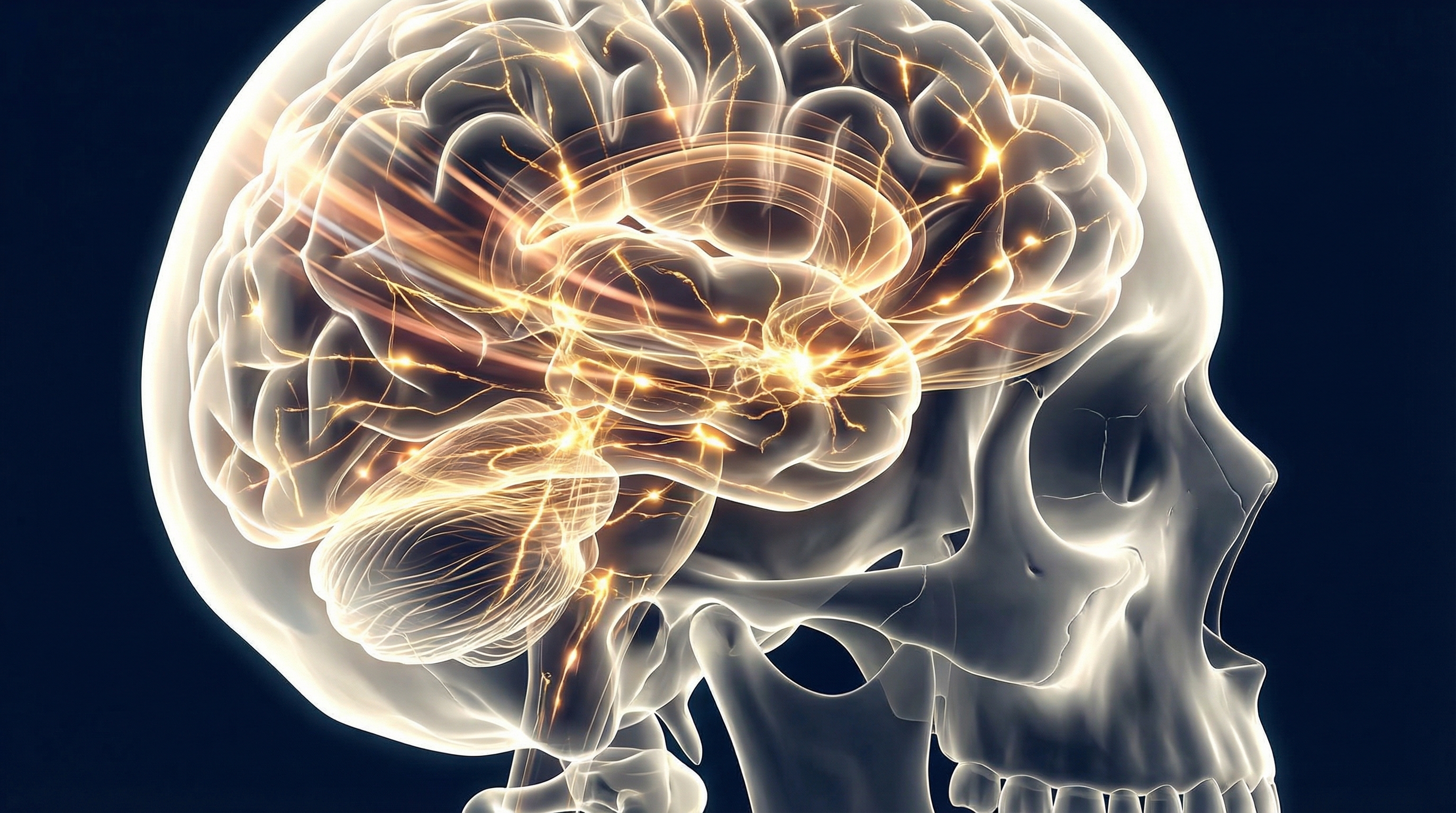 A translucent human skull showing neural pathways lighting up in rapid succession like electrical circuits firing