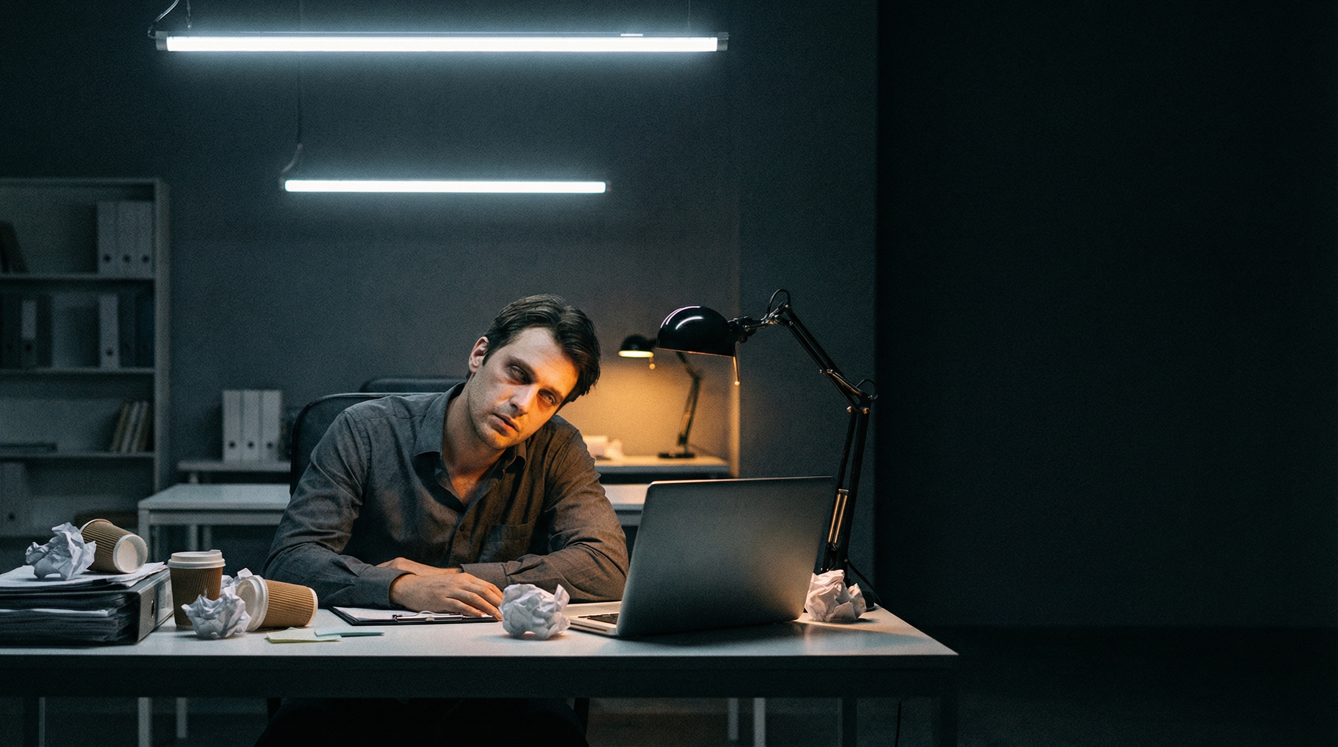 Exhausted office worker performing tiredness under fluorescent lights