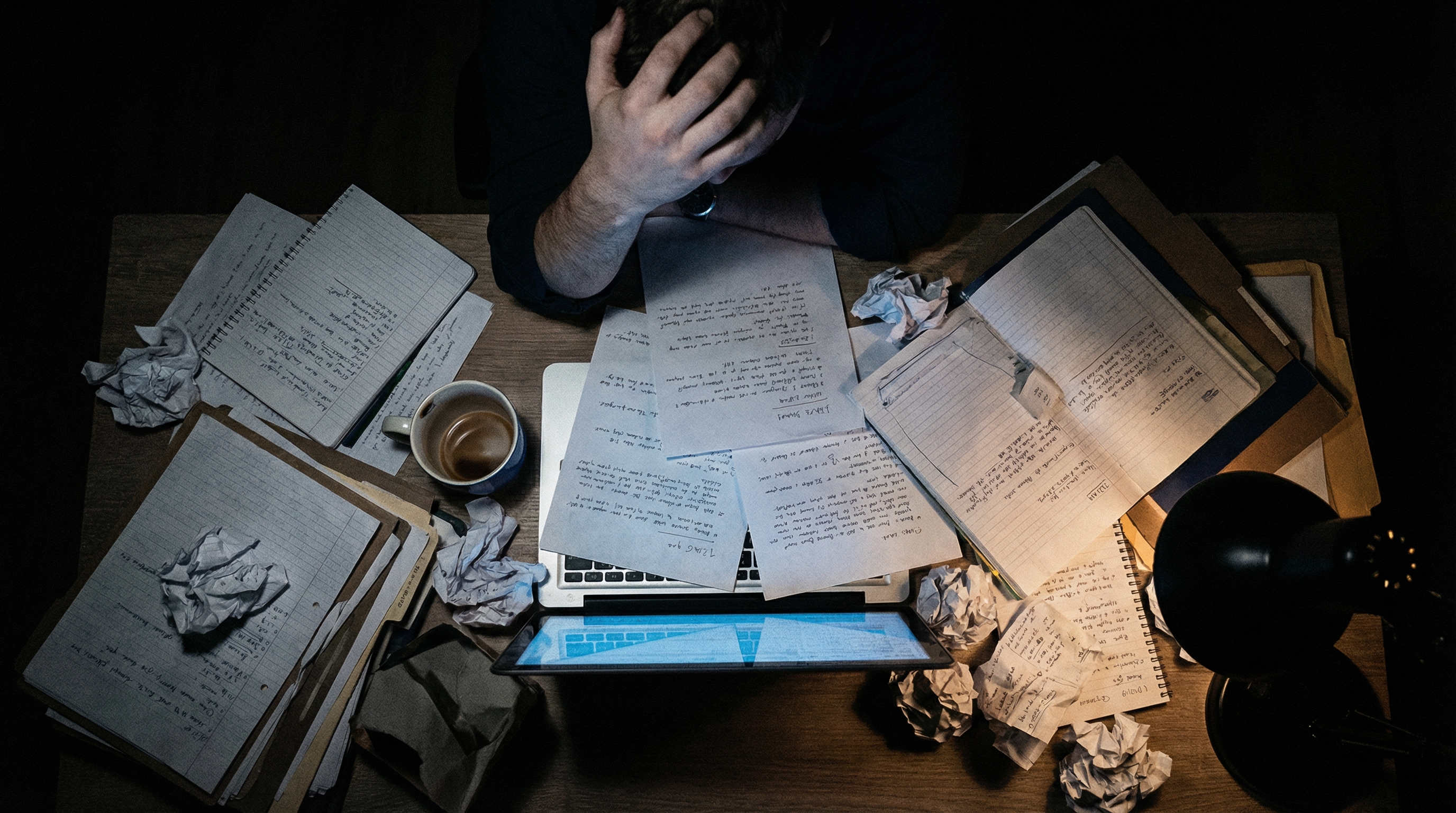 Scattered documents and laptop glowing at 2 AM on a chaotic desk