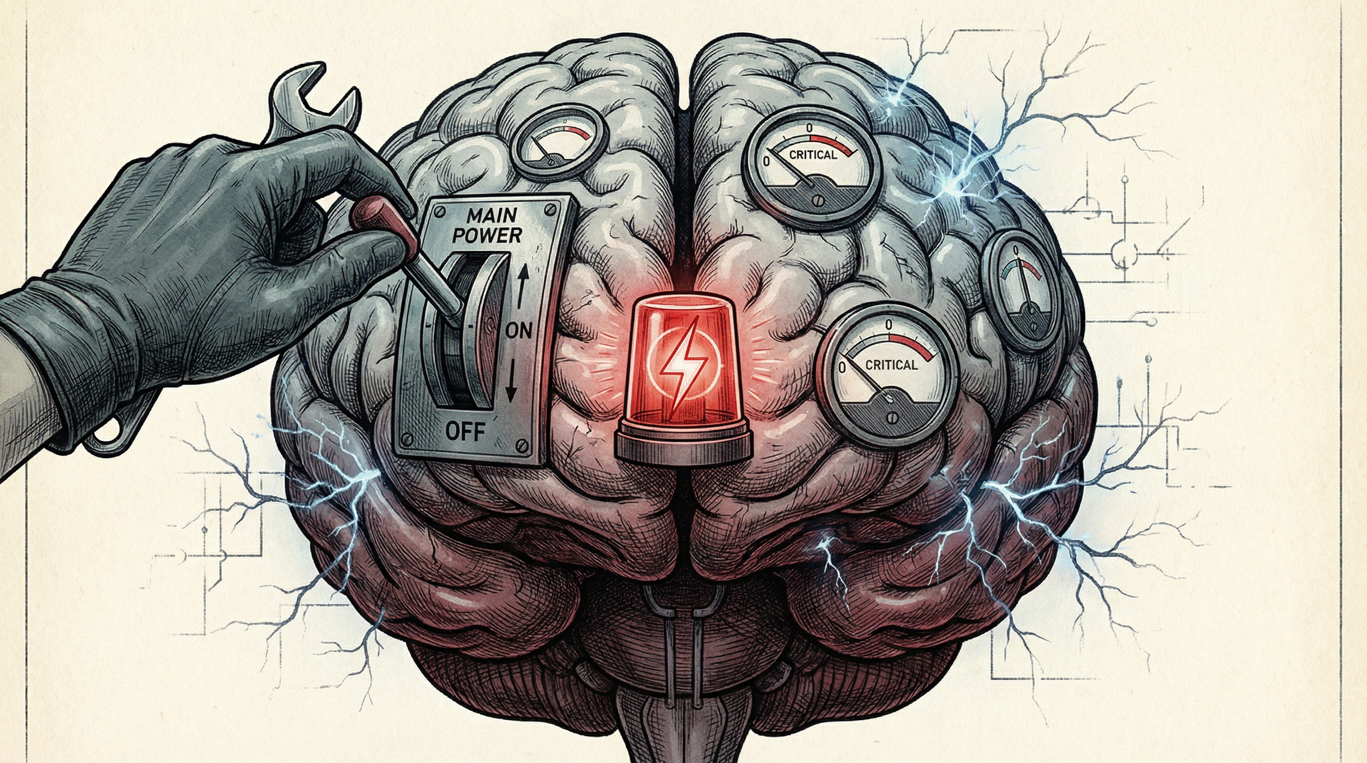 Human brain rendered as an industrial control room with switches flipping to OFF