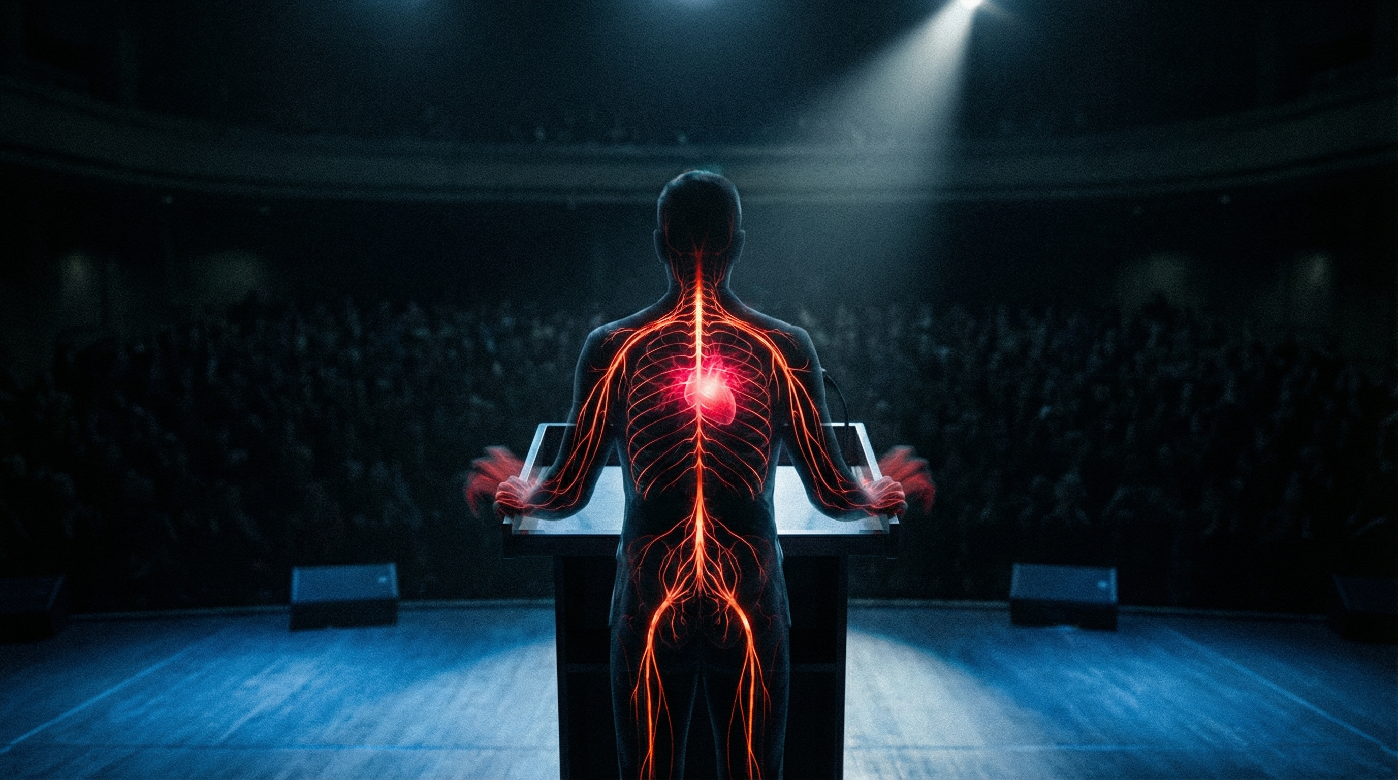 Silhouette at podium facing dark void with nervous system glowing red through body