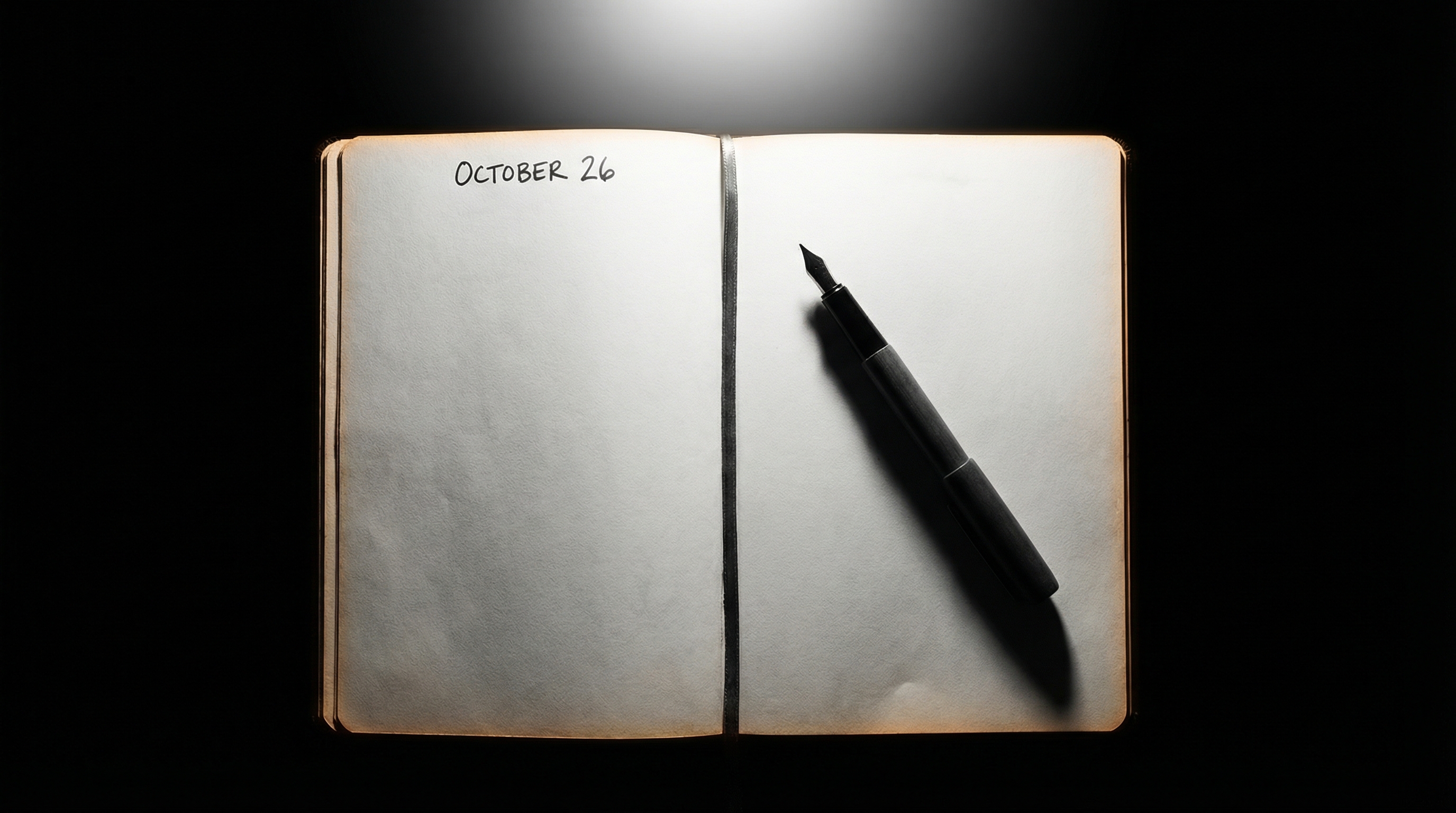 Open notebook with pen under stark overhead light surrounded by complete darkness