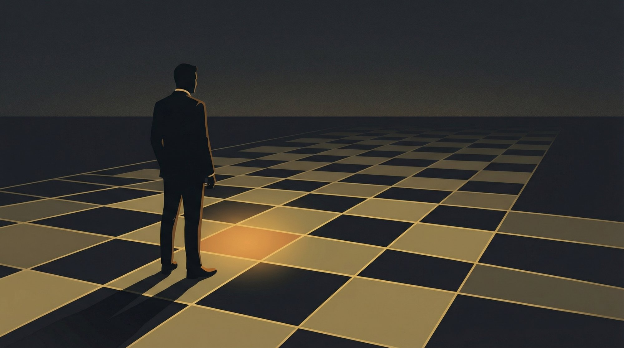 A figure standing on an infinite chessboard, one square ahead glowing amber