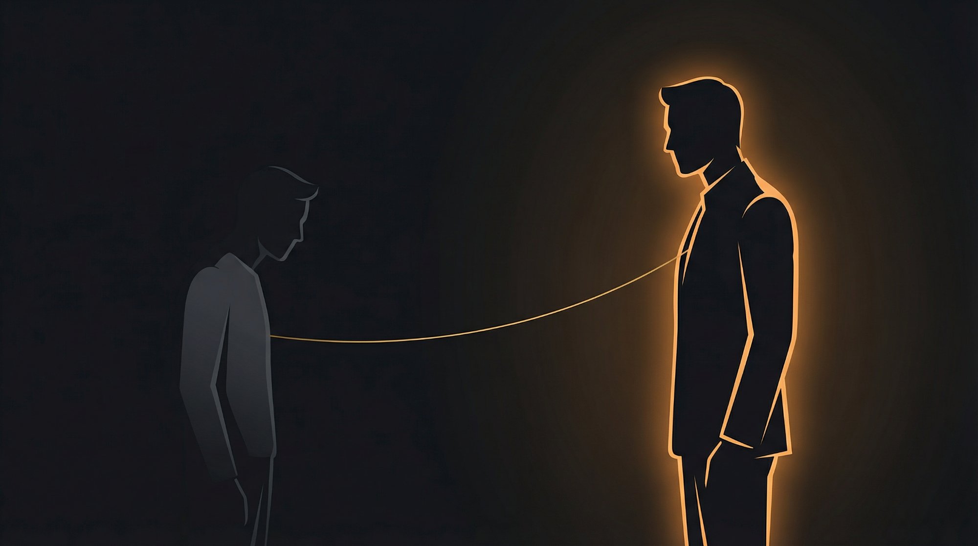Two silhouettes connected by a golden thread — current self and ideal self
