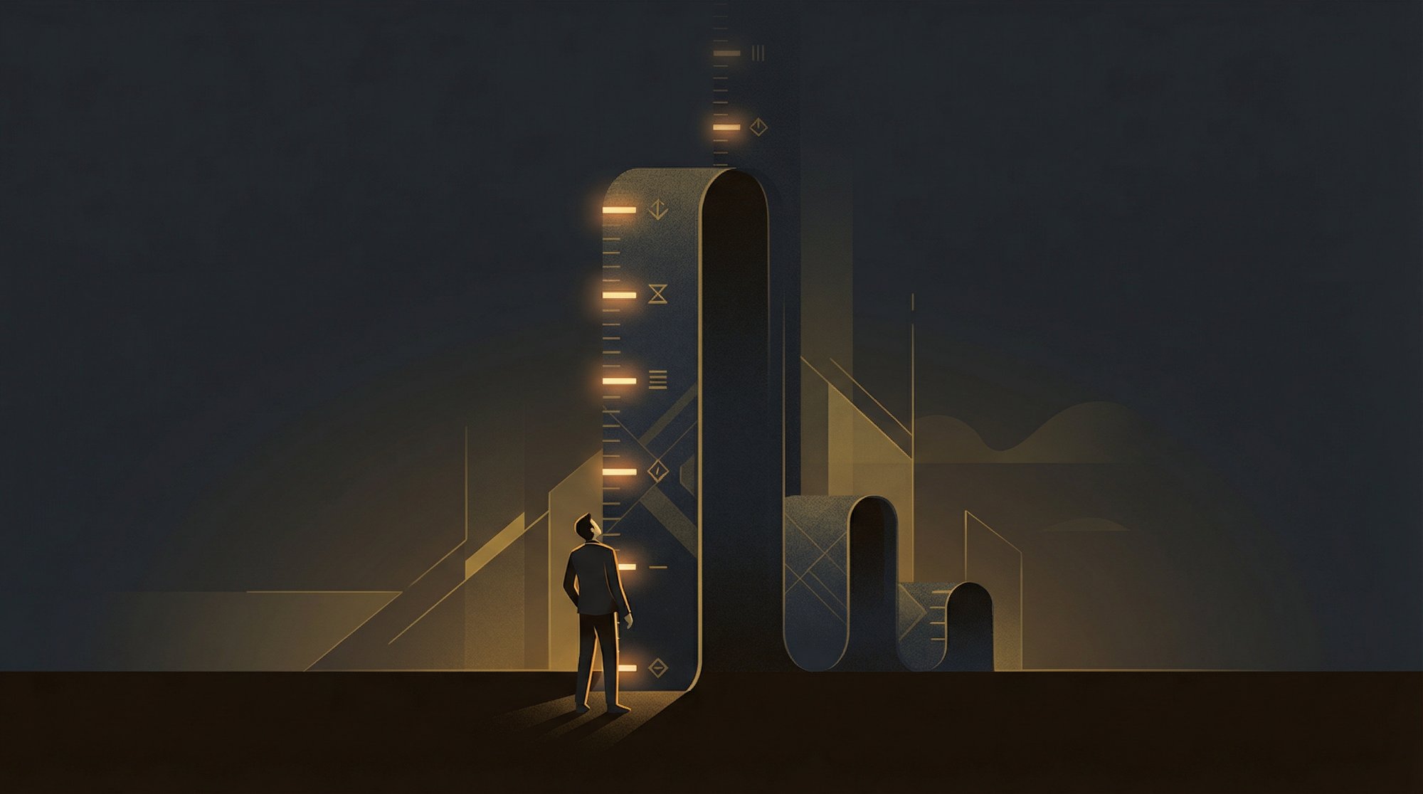 A figure standing before a colossal measuring instrument with amber markings
