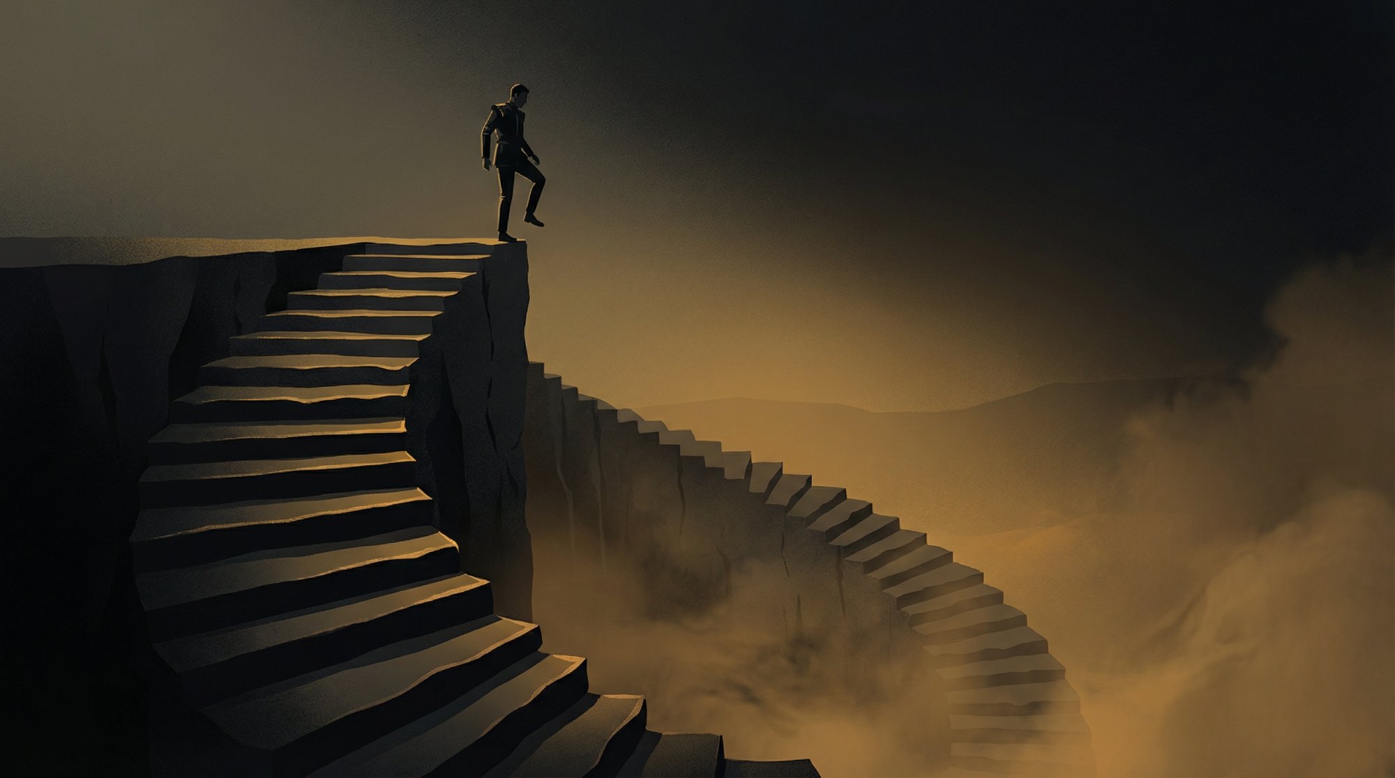 A figure ascending dramatic stone stairs into amber-lit sky