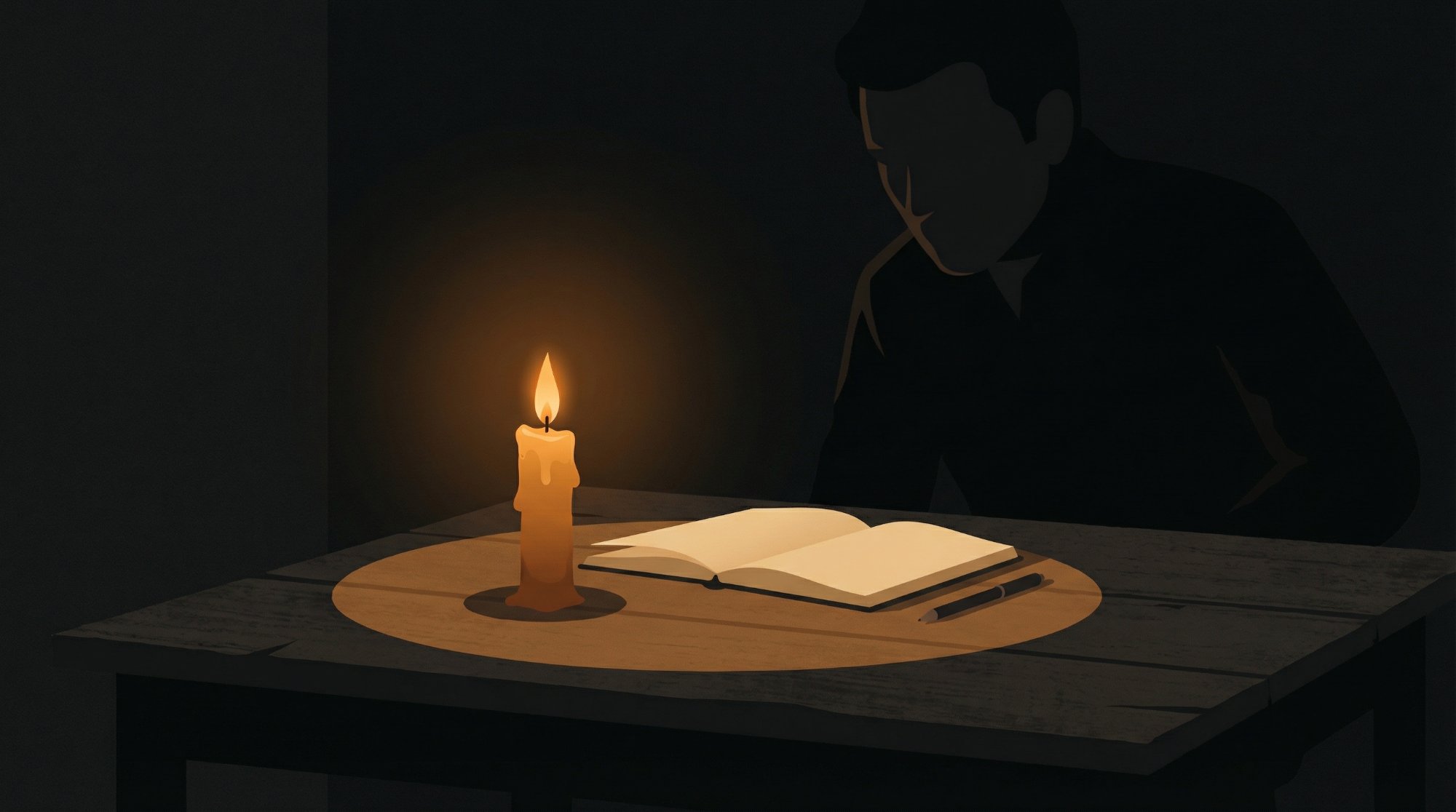 A candle illuminating a notebook on a dark table, figure in shadow beyond the light