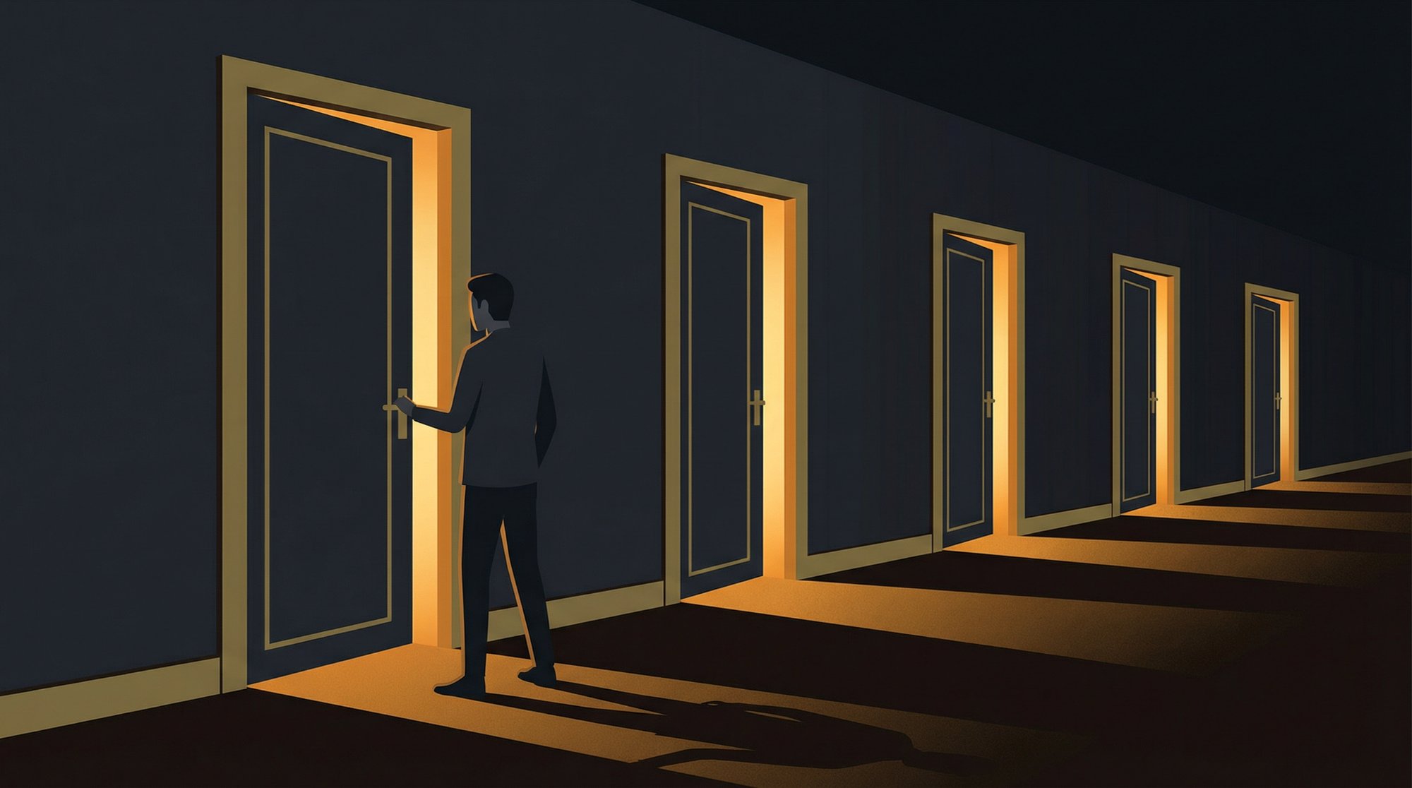 Five amber-glowing doors in a dark corridor, figure opening the first